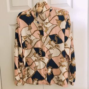 EUC Vintage 100% Silk Blouse 80s90s Pink Navy Ivory Gold Chains Regency Bold S/P